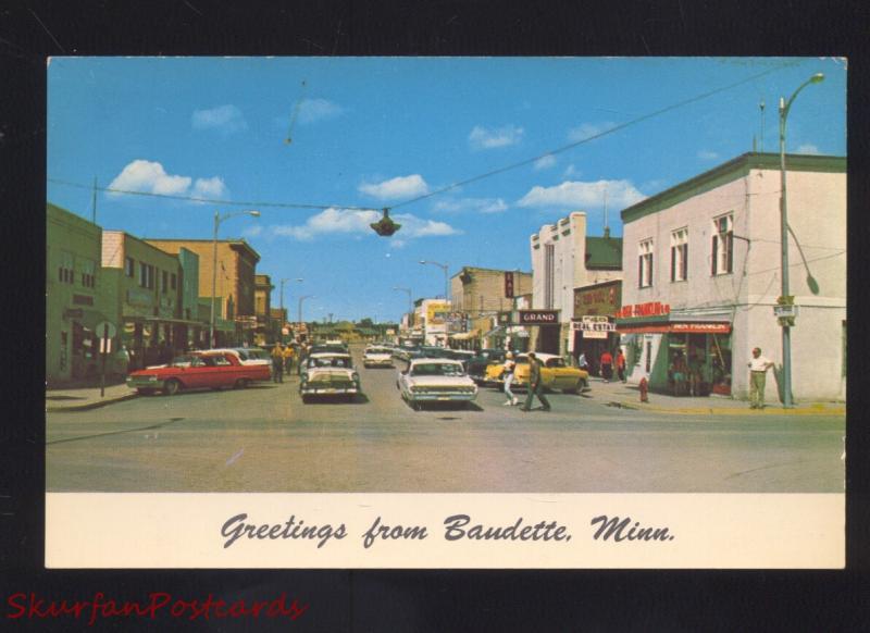 BAUDETTE MINNESOTA DOWNTOWN MAIN STREET SCENE 1960's CARS VINTAGE POSTCARD