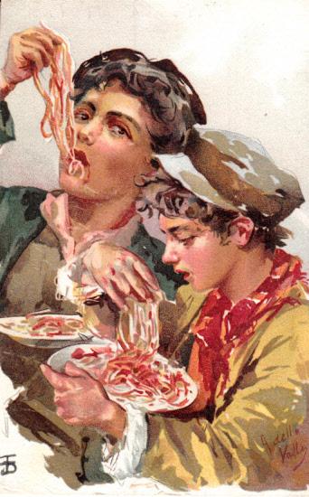 Two Young Men Eating Spaghetti - E. Ragozino 1905