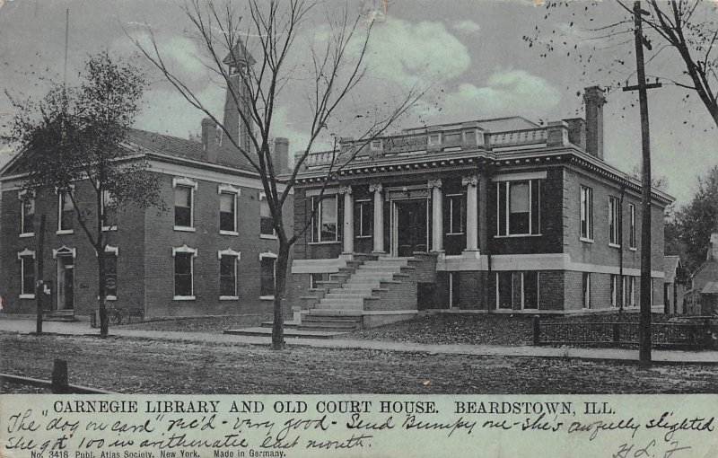 Carnegie Library and Old Court House, Beardstown, Ill, Postcard, Used in 1906