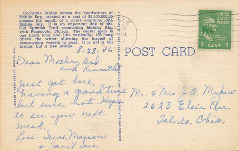 Mobile AL, Alabama - Cochrane Lift Bridge at Mobile Bay - pm 1946 - Linen