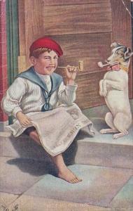 Young Boy Reading Newspaper Smoking Pipe With Dog Smoking Pipe 1907