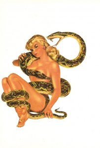 Pin-Up  girl with a snake  Modern Spanish postcard. Continental size