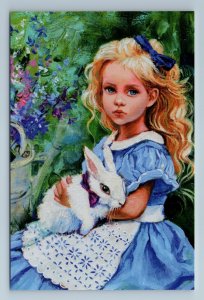 LITTLE GIRL Long Hair w/ White Rabbit Alice Wonderland Garden Cute New Postcard