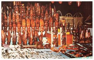 Fiji Market Stall Handicrafts Carved Statues and Masks Postcard 1960s-1970s