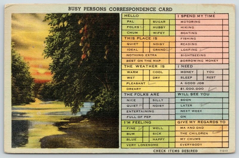 Busy Person Correspondence Card~Sunset Reflects in Creek~Peeks Thru Trees~Linen 