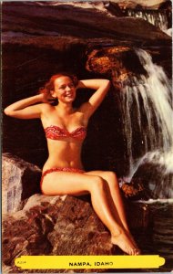 Pin Up Girl by Waterfall in Red Bandana Bikini Nampa Idaho Postcard