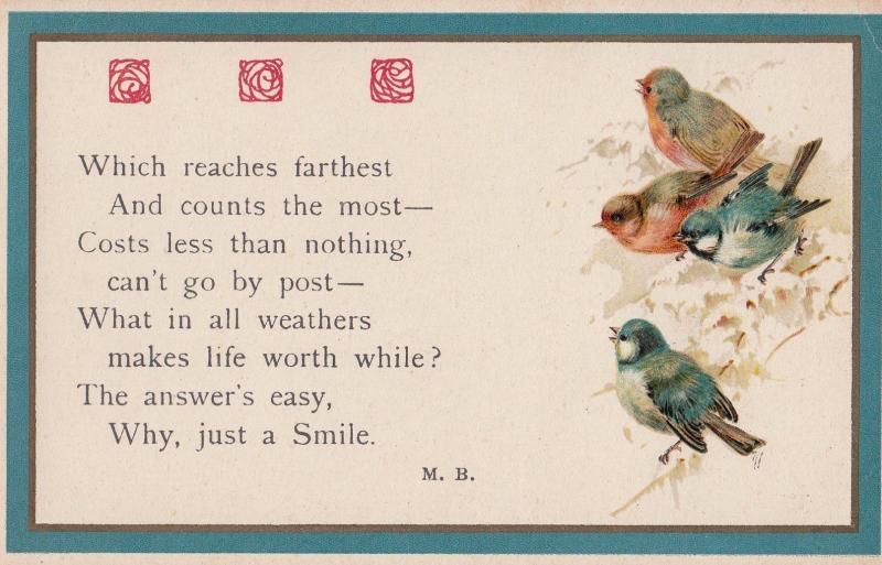 Smiling With Birds In Trees Wrens Robins Weather Songcard Old Postcard