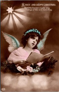 Vtg Happy Christmas Hark the Herald Angels Sing RPPC Hand Colored 1910s Postcard