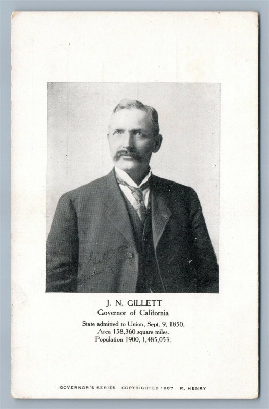 HAND SIGNED J.N.GILLET GOVERNOR of CALIFORNIA 1907 ANTIQUE POSTCARD