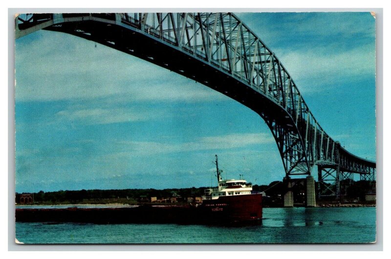 Vintage 1960's Postcard Freighter Under International Bridge Port Huron Michigan