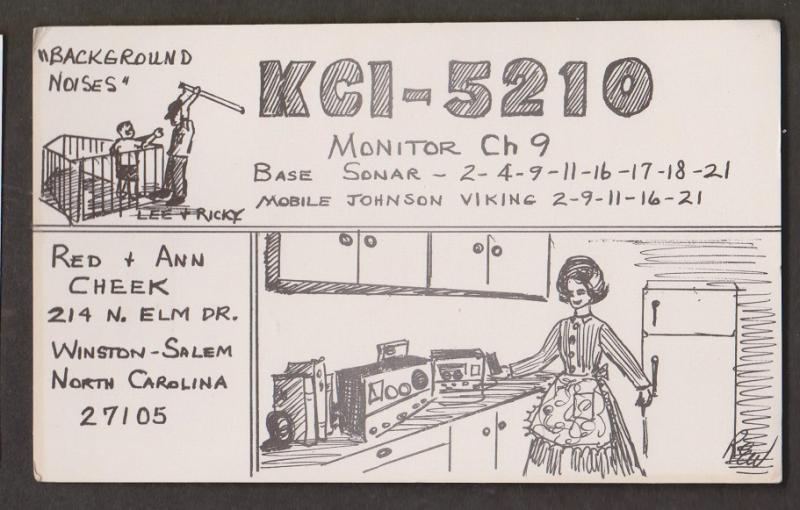 CB QSL Card - Hand Drawn - Red & Ann Cheek Winston-Salem North Carolina