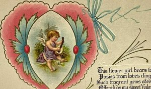 Vintage Postcard Early 1900s Cupid Cherub Angel playing Guitar Flower Girl