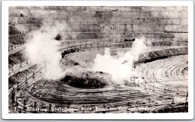 Blasting Utah Copper Mine Bingham Canyon Utah UT Real Photo RPPC Postcard