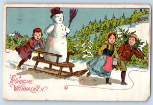 1925 Christmas Children Sled With Snowman Winter Scene Posted Vintage Postcard