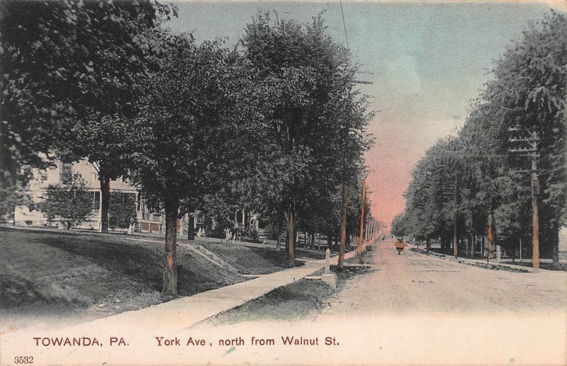 York Ave. North from Walnut St, Towanda, PA, Early Hand Colored Postcard, Unused