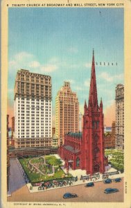 USA Trinity Church Broadway and Wall Street New York City Linen Postcard 08.10