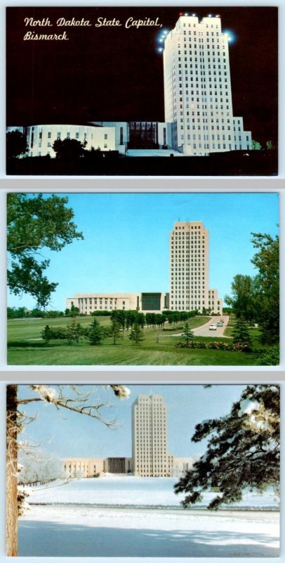 3 Postcards BISMARCK, ND ~ Night NORTH DAKOTA STATE CAPITOL Summer/Winter