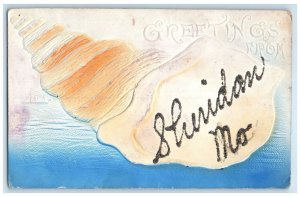 1908 Greetings From Embossed Seashell Glitter Sheridan Missouri Vintage Postcard