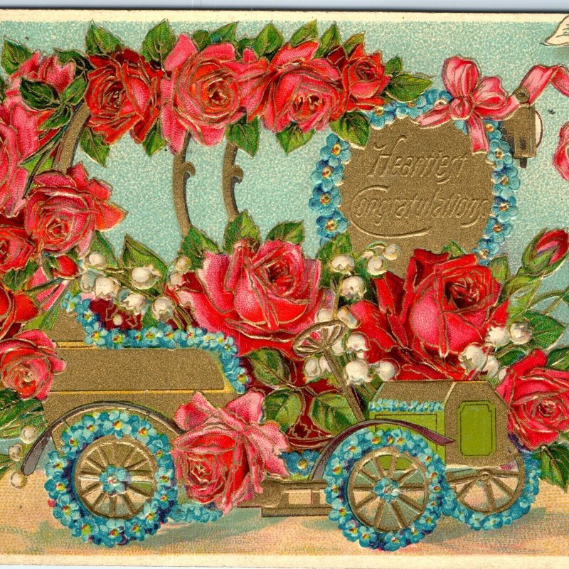 c1900s Beautiful Congratulations Gold Car Auto Flower Heavy Detail Embossed A80