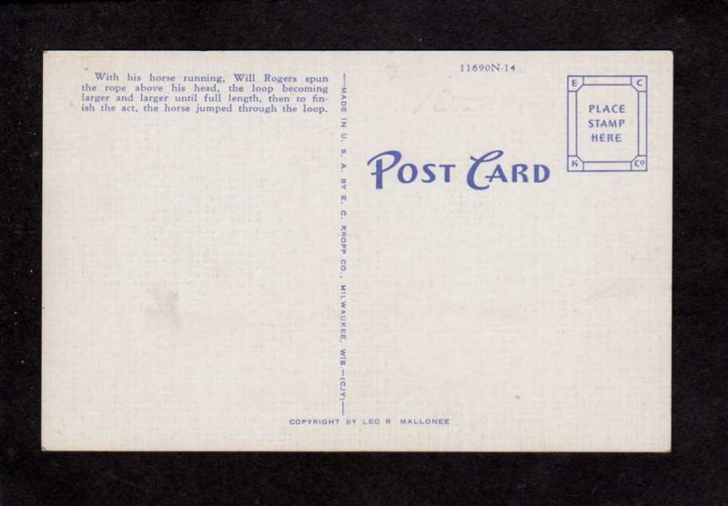 Cowboy Will Rogers Roping Horse in Loop Postcard