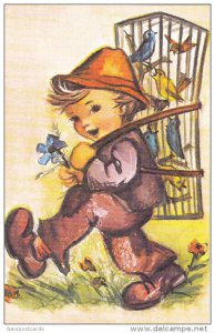 AS: Bonnie, Little Boy Holding a Flower and Carrying a Bird Cage Full of Bird...