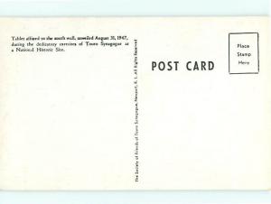 Vintage Post Card Jewish  Touro Plaque  Synagogue Newport  R I   # 4120