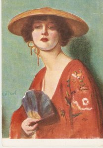 G.Hervé.  Woman with a fan  Fine painting. Salón de Paris Postcard # 5038