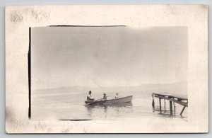 Nautical Scene Father with Children Rowing Near Pier RPPC Postcard C23