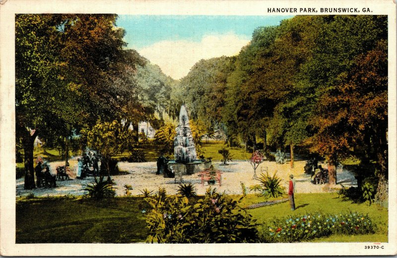 Vtg Brunswick Georgia GA Hanover Park Fountain 1930s Linen Postcard
