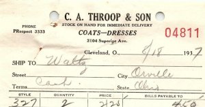 1937 C.A. THROOP & SON COATS-DRESSES CLEVELAND OHIO BILLHEAD STATEMENT Z1348