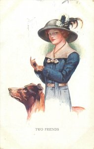 Two friends by Court Barber glamour drawn charm lady with dog artist postcard 