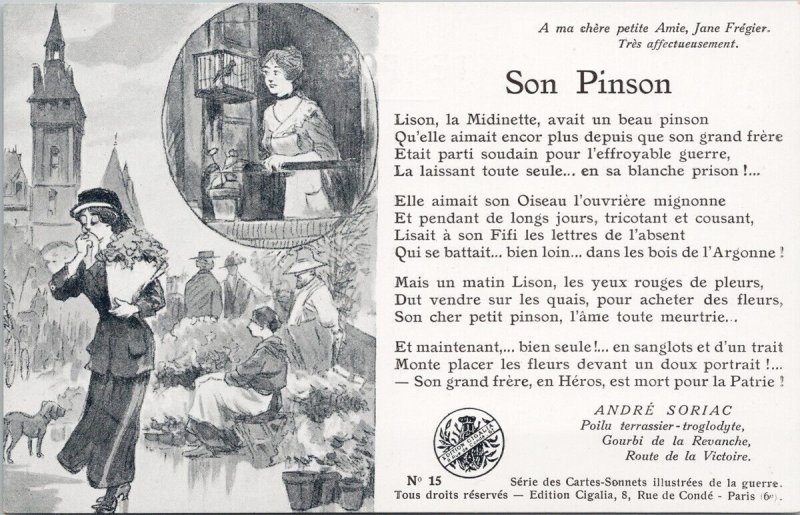 Son Pinson Cartes-Sonnets Illustrees de la guerre Poem Andre Soriac Postcard H61