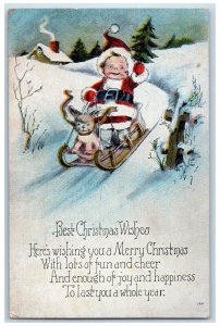 1917 Christmas Wishes Little Boy Dog Sledding Winter RPO Antique Postcard