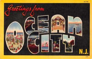 Ocean City New Jersey Greetings From large letter linen antique pc Z23480