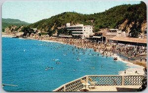 Popular Santiago Beach Manzanillo Mexico Crowd Bathing Mountains Postcard