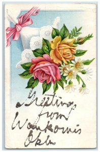 1908 Greetings From Waukomis Oklahoma OK Flowers Embosses Glitter Postcard