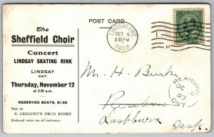 Postcard Lindsay ONT c1908 Sheffield Choir Concert Advert Reaboro Split Ring