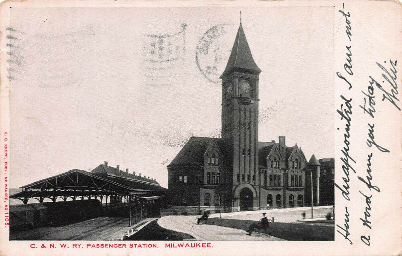 C. & N. W. Railway, Train Station, Milwaukee, WI, Early Postcard, Used in 1905