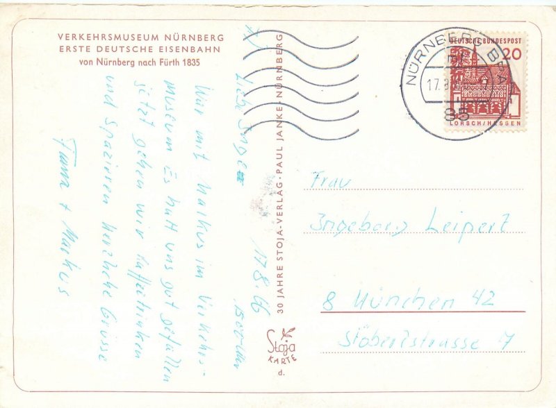 B520 Transport Museum Nuremberg to Furth first German railway 1835 postcard 1966