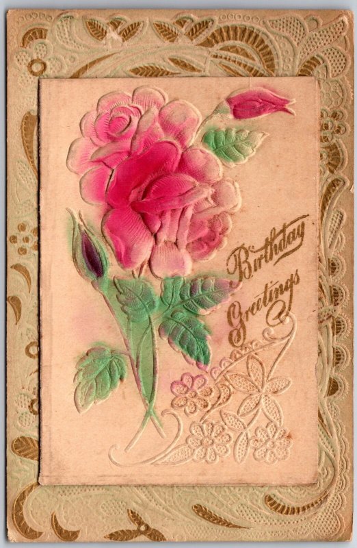 Birthday Greetings Embossed Pink Rose With Calligraphic Design Postcard