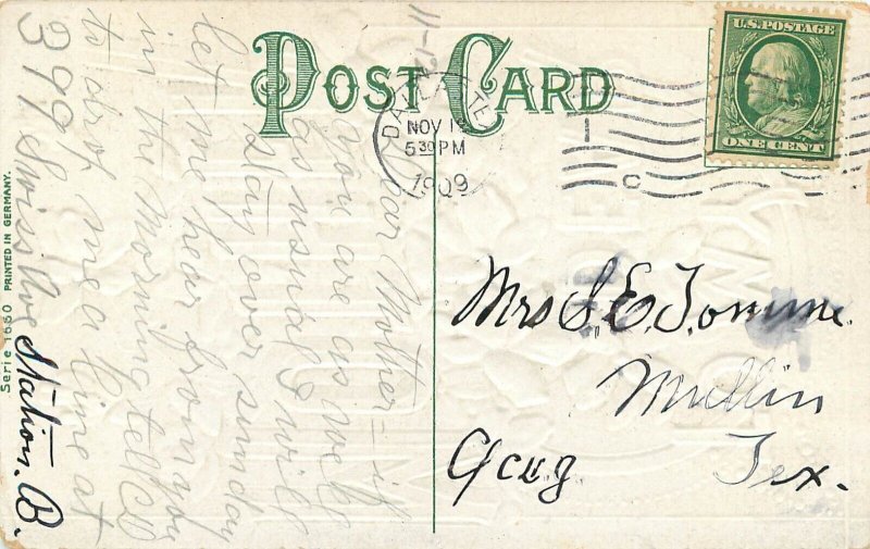 Colorful Embossed Postcard To My Dear Mother, Violet Flowers, Chromolithograph