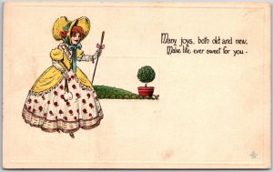 Many Joys, Both Old & New Beautiful Woman In Yellow Gown, With Wand, Postcard