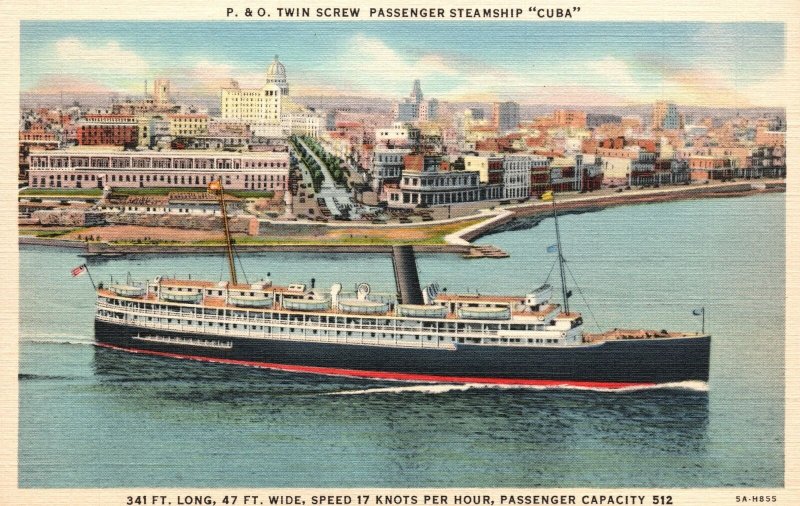 Vintage Postcard 1920's P & O Twin Screw Passenger Steamship Cuba Transportation