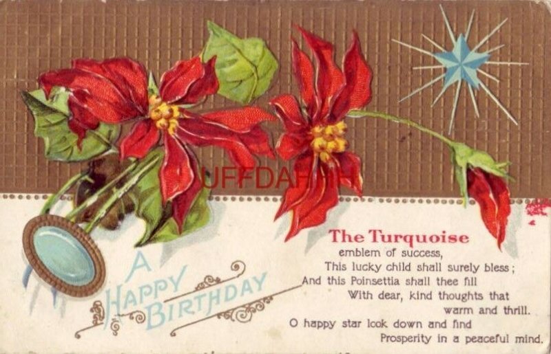 A HAPPY BIRTHDAY, The Turquoise, Emblem of Success and Poinsettia embossed