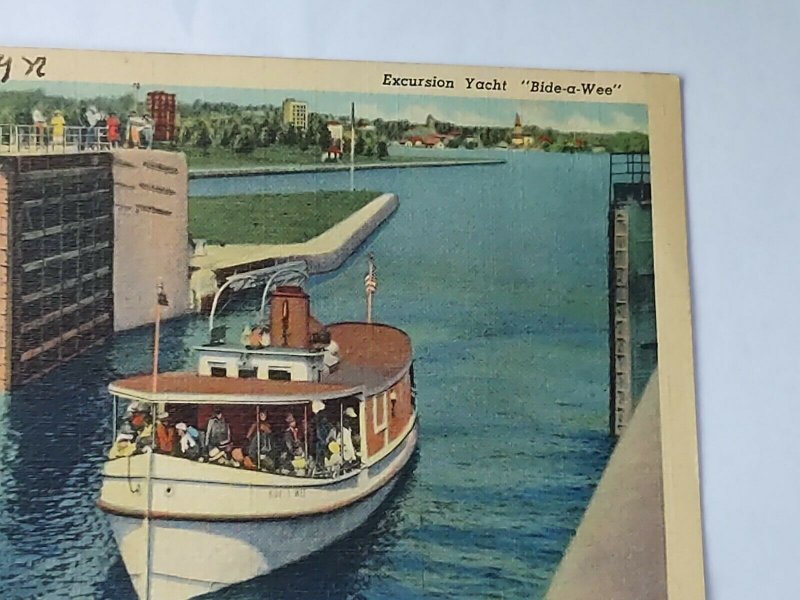 Vintage Postcard Soo Locks Sault Ste Marie Michigan 1940 Bide-a-Wee Yacht posted