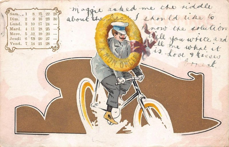 A MON ONCLE LIFE RING BICYCLE CALENDER SCHEDULE FRANCE ENGLAND POSTCARD 1900