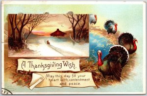 1911 A Thanksgiving Wish Turkeys And Winter Village Landscaped Posted Postcard