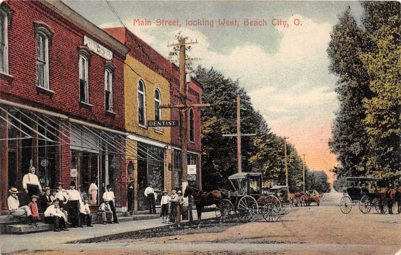 E84/ Beach City Ohio Postcard 1909 Main Street West Dentist Stores Wagon 2