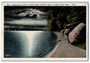 1914 Moonlight Illinois River Starved Rock Illinois State Park Vintage Postcard