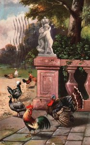 Vintage Postcard 1907 Portrait of Children Statue Chickens and Turkeys Artwork